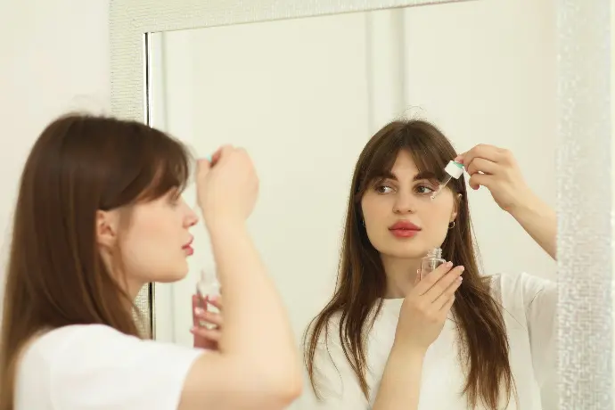 a woman brushing her hair in front of a mirror